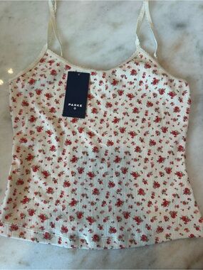 Parke Cream Ribbed Cami with Red Rose Print